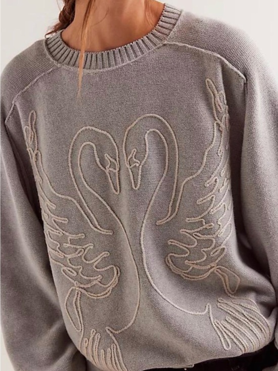 We The Free Sweaters - We The Free Grey Crewneck Sweater with Swan Embroidery